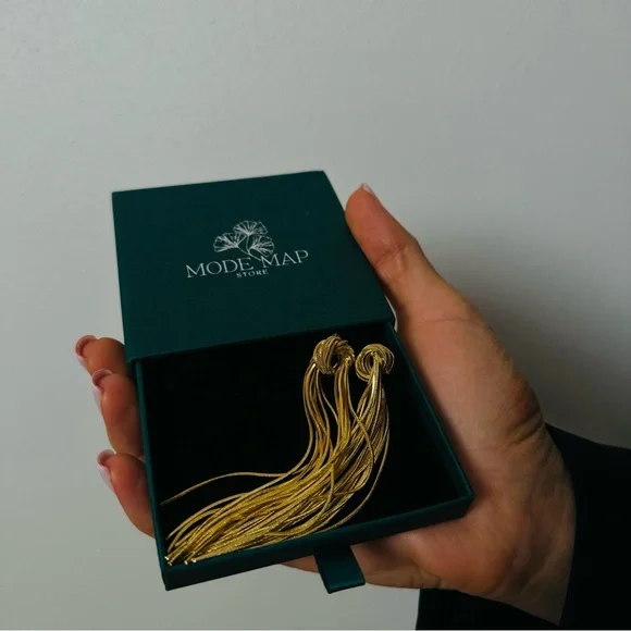 Gold Tassel Earrings Drop Dangle Knot Statement - Picture 6 of 6